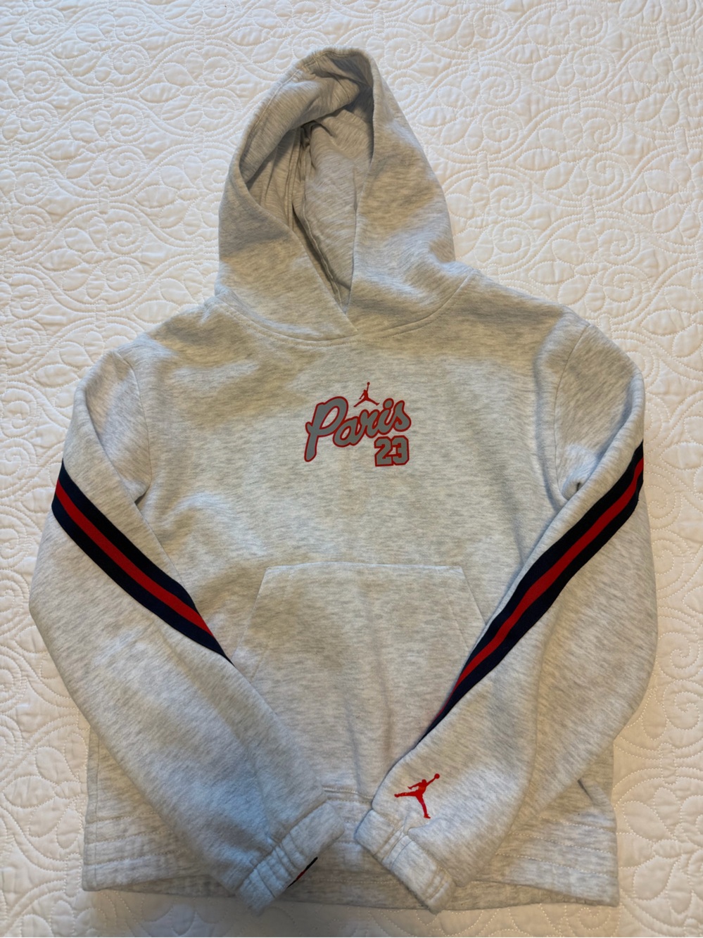 Vintage Air Jordan Paris 23 Kids Grey Hoodie with Red and Navy Stripes